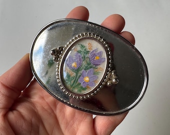 Vintage Original Miniature Painting Crocus Flowers Cabochon Art Belt Buckle