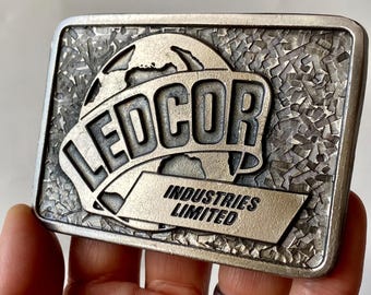 Vintage Pewter LEDCOR Belt Buckle: Canadian USA Industrial Collectible