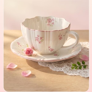 Floral Ceramic Tea Cup with Saucer and Plate, Cottagecore Coffee Mug, Vintage Style