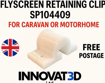 May include: A white Seitz window blind flyscreen retaining clip, model SP104409, for a caravan or motorhome. The text on the image reads: SEITZ WINDOW BLIND FLYSCREEN RETAINING CLIP SP104409 FOR CARAVAN OR MOTORHOME, INNOVAT3D Ltd, Innovate. Design. Create.