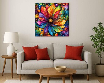 Könnte beinhalten: Ein lebendiger, quadratischer Leinwandkunstdruck mit einer großen, stilisierten Blume. Das Kunstwerk zeigt ein Farbspektrum, darunter Rot, Orange, Gelb, Blau und Lila, mit einem zentralen goldenen Detail. Das Gemälde wird über einem grauen Sofa mit roten Kissen präsentiert.