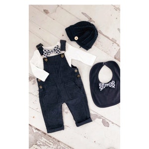 Christmas Holiday Baby Boy Navy Blue Corduroy Overalls with Gingham Bow Tie Bodysuit Baby Boy Coming Home Outfit 1st Birthday Newsboy Hat