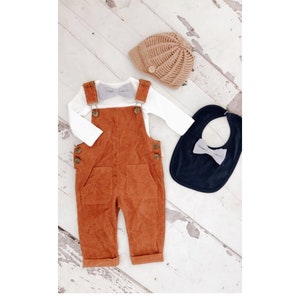 Thanksgiving Baby Boy Camel Corduroy Overalls & Seer Sucker BowTie Bodysuit 1st Birthday Newsboy Hat Pumpkin Spice Ginger Fall Autumn