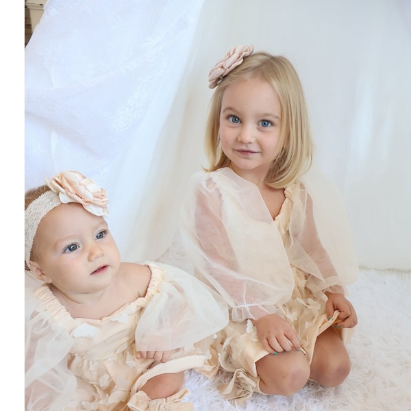 Baby Girl Spring Boho Butterfly Tulle Dress Long Sleeve Neutral Lace Bow Sisters Outfit Wedding Flower Girl Summer Baby Shower 6 Months-3T