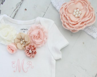 Newborn Boho Baby Girl Monogrammed Floral Bodysuit, Easter, Valentine’s Day, Coming Home Outfit, Birthday Outfit, Blush, Rose Leg Warmers