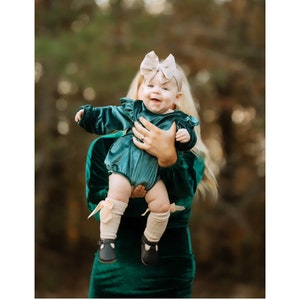 Christmas Holiday Outfit, Boho Green Velvet Romper with Velvet Bow Clip, Headband, & Knee Bow Socks. Thanksgiving Outfit, Coming Home Outfit