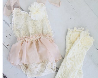 Newborn Baby Girl Photo Prop Boho Lace Halter  Romper w Sheer Blush Bow & Headband. Coming Home Outfit, 1st Birthday Outfit Mommy Me Holiday