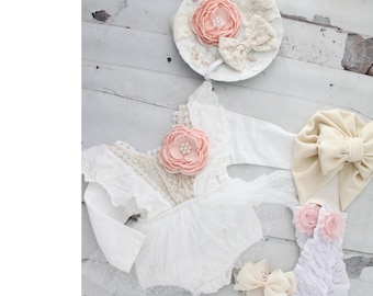 Baby Girl Summer Fall  Boho Lace Romper,  Neutral Ivory Cream Lace Bow Coming Home Outfit Summer Wedding Flower Girl