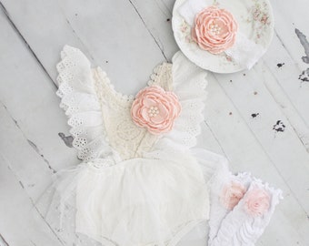 Baby Girl Boho Lace Romper with Blush Clip, Easter Spring Leg Warmers & Bow, Coming Home Outfit 1st Birthday Wedding Flower Rustic Lace