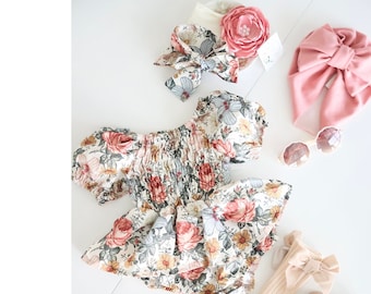Baby Girl's Summer Fall Romper, Vintage Floral Girl Outfit, Baby Romper Girl Outfit 1st Birthday Bow Headband, Rose Pink Blush Sage Dress