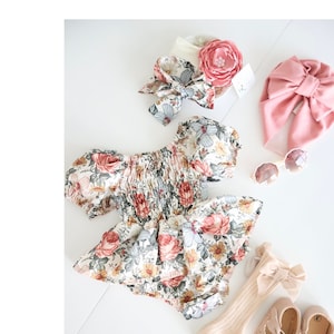 Baby Girl&#39;s Summer Fall Romper, Vintage Floral Girl Outfit, Baby Romper Girl Outfit 1st Birthday Bow Headband, Rose Pink Blush Sage Dress