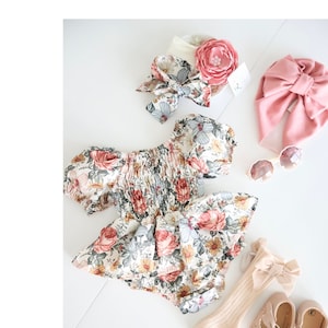 Baby Girl's Easter Spring Romper, Vintage Floral Girl Outfit, Baby Romper Girl Outfit 1st Birthday Bow Headband, Rose Pink Blush Sage Dress