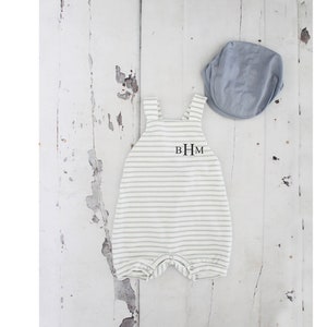 Baby Boy Easter Spring Romper Monogram or Name Knit Gray/Green Stripe Newborn Baby Boy Coming Home Outfit 1st Birthday Newsboy Hat Overalls