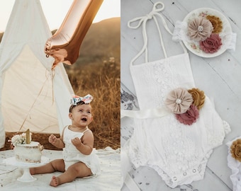 SALE! Baby Girl Easter Spring White Lace Romper w Autumn Sash Headband Newborn Boho Coming Home Outfit 1st Birthday Outfit Summer Outfit