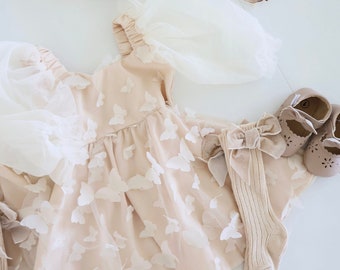 Girl's and Baby Girl's Easter Spring  Butterfly Tulle Dress 6 month - 3T Long Sleeve,  Neutral Lace Bow Sister Matching Summer Dress