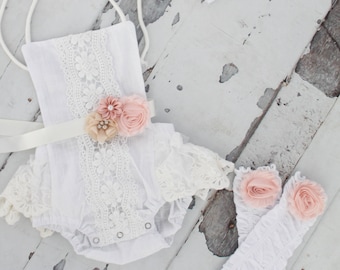 SALE!  Summer Boho Baby Girl White Lace Romper w Blush Sash & Headband. Newborn Coming Home Outfit, 1st Birthday Outfit Summertime Mommy me