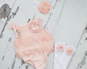 Summer Boho Chic Blush Pink Lace Romper & Headband. Newborn Baby Girl Coming Home Outfit, 1st Birthday Outfit Summer Set Mommy me