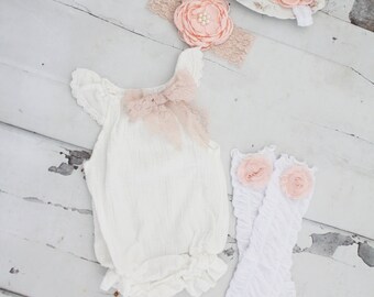 Summer Boho Chic White Lace Romper w Blush Lace Bow & Headband. Newborn Baby Girl Coming Home Outfit 1st Birthday Outfit Summertime Mommy me