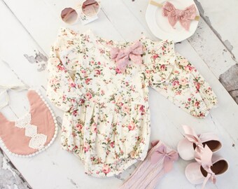 SALE! Baby Girl Easter Spring Boho Floral Romper Outfit, Ruffle Pants, Eyelet Lace Bow Headband Bow Socks Boho Chic 1st Birthday