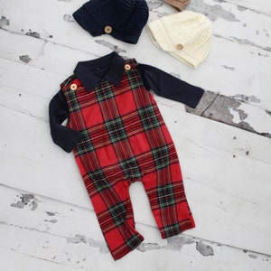 Christmas Holiday Baby Boy Overalls Jumpsuit Romper. Red Plaid Baby Boy Coming Home Outfit 1st Birthday Outfit Newsboy Hat, Bear Appliqué