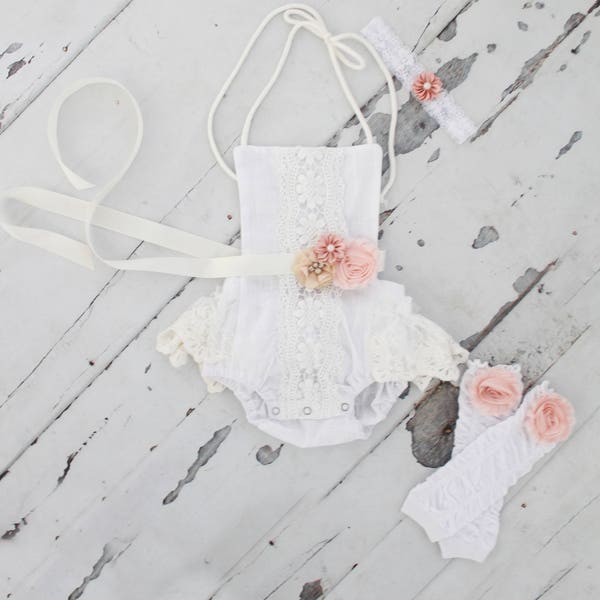 SALE! Easter Summer Birthday Boho Baby Girl White Lace Romper w Blush Sash & Headband. Newborn Coming Home Outfit, 1st Birthday Set Mommy me