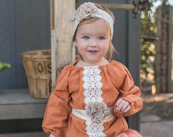 SALE! Baby Girl Boho Chic Fall Pumpkin Spice Romper, Girl Fall Outfit, Rustic Pumpkin Baby Romper Outfit, 1st Birthday, Fall Outfit Ginger