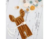 Pumpkin Boho Velvet Mustard Gold Jumpsuit Romper, Sash Headband Newborn Baby Girl Coming Home Outfit 1st Birthday Mommy Me Thanksgiving