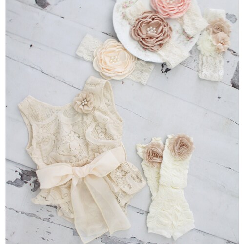 Ivory Lace Romper 1st Birthday Girl Outfit Baby Headband Etsy Canada