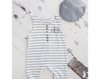 Easter Baby Boy Jumpsuit Romper with Vinyl Monogram or Name. Gray Stripe  Overalls. Newborn Baby Boy Coming Home 1st Birthday Newsboy Hat