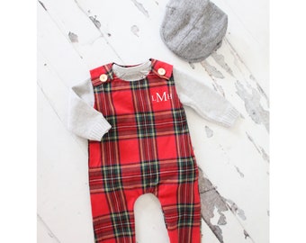 Christmas Holiday Baby Boy Jumpsuit Romper with Monogram or Name. Red Plaid Baby Boy Coming Home Outfit 1st Birthday Outfit Newsboy Hat