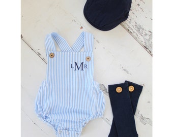 Summer Baby Boy Romper with Monogram or Name.  Seersucker Newborn Baby Boy Coming Home Outfit, 1st Birthday Outfit Summertime Newsboy Hat