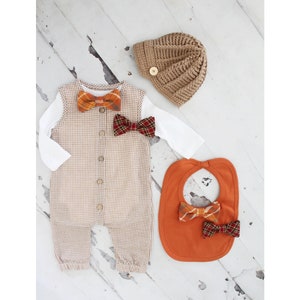 Thanksgiving Fall Holiday Baby Boy Gingham Jumpsuit Romper with Bow Tie Bodysuit Baby Boy Coming Home Outfit 1st Birthday Outfit Newsboy Hat
