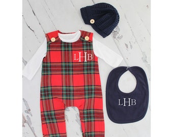 Christmas Holiday Baby Boy Jumpsuit Romper with Monogram or Name. Red Plaid Baby Boy Coming Home Outfit 1st Birthday Outfit Newsboy Hat