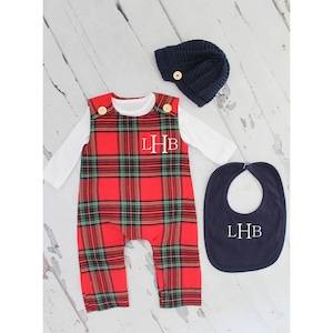 Christmas Holiday Baby Boy Jumpsuit Romper with Monogram or Name. Red Plaid Baby Boy Coming Home Outfit 1st Birthday Outfit Newsboy Hat