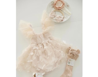 Baby Girl Easter Spring Boho Butterfly Tulle Dress Romper, Neutral Lace Bow, Coming Home Outfit Baby Shower Summer Wedding Flower Girl