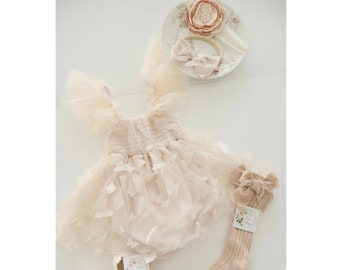 Baby Girl Summer Fall  Boho Butterfly Tulle Dress or Romper,  Neutral Ivory Cream Lace Bow Coming Home Outfit Summer Wedding Flower Girl