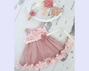 Holiday Dress Lace, Velvet or Satin Rose Headband and Mauve Chiffon Petal Birthday Easter Dress w Sash. Sisters Matching, 1st Birthday