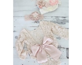 Newborn Baby Girl Photo Prop Boho Lace Romper w Satin Blush Bow Headband. Coming Home Outfit, 1st Birthday Outfit Mommy Me Easter Spring
