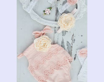 Summer Boho Chic Blush Pink Lace Romper & Headband. Newborn Baby Girl Coming Home Outfit, 1st Birthday Outfit Mommy me Baby Shower Gift Prop