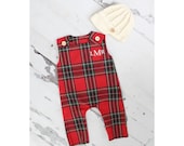 Christmas Holiday Baby Boy Jumpsuit Romper with Monogram or Name. Red Plaid Baby Boy Coming Home Outfit 1st Birthday Outfit Knit Newsboy Hat