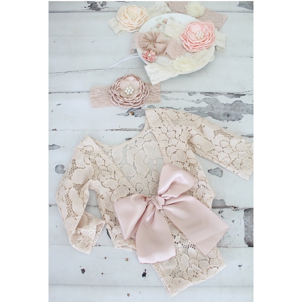 Boho Baby Girl Easter Spring Newborn Baby Girl Photo Prop Boho Lace Romper w  Blush Bow & Headband. Coming Home Outfit, 1st Birthday Wedding