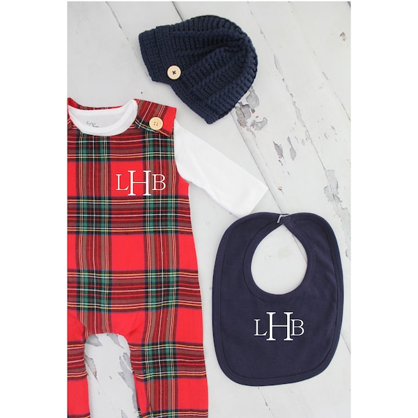 Thanksgiving & Christmas Baby Boy Jumpsuit Romper w Monogram or Name Red Plaid Baby Boy Coming Home Outfit 1st Birthday Outfit Newsboy Hat