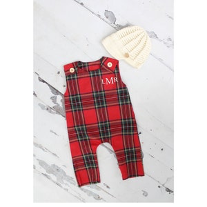 Christmas Holiday Baby Boy Jumpsuit Romper with Monogram or Name. Red Plaid Baby Boy Coming Home Outfit 1st Birthday Outfit Knit Newsboy Hat