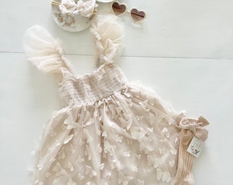 Baby Girl Easter Spring Boho Butterfly Tulle Dress or Romper,  Neutral Ivory Cream Lace Bow Coming Home Outfit Summer Wedding Flower Girl