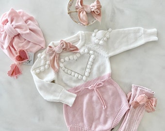 Valentine's Day Knit Heart Romper. Baby Girl Boho Sweater Romper, Pom Poms Outfit Heart Sunglasses and Bow. Easter 1st Birthday Coming Home