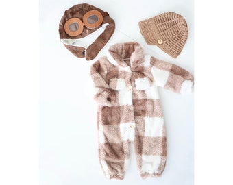 Baby Boy Furry Winter Jumpsuit Romper. Buffalo Tan Plaid, Butter Soft, Aviator or Newsboy Hat Coming Home Outfit 1st Birthday Outfit