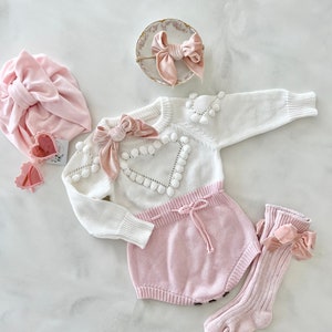Valentine&#39;s Day Knit Heart Romper. Baby Girl Boho Sweater Romper, Pom Poms Outfit Heart Sunglasses and Bow. Easter 1st Birthday Coming Home