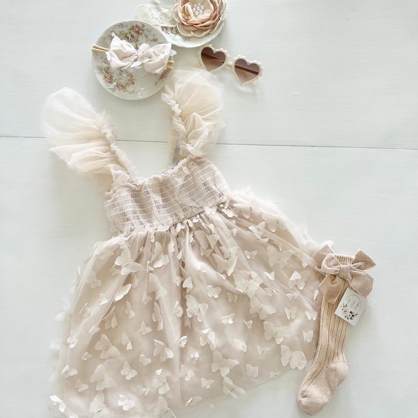 Baby Girl Easter Spring Boho Butterfly Tulle Dress or Romper,  Neutral Ivory Cream Lace Bow Coming Home Outfit Summer Wedding Flower Girl