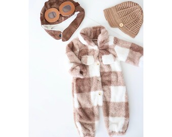 Christmas Holiday Baby Boy Jumpsuit Romper. Tan Plaid, Butter Soft, Aviator or Newsboy Hat Coming Home Outfit 1st Birthday Outfit