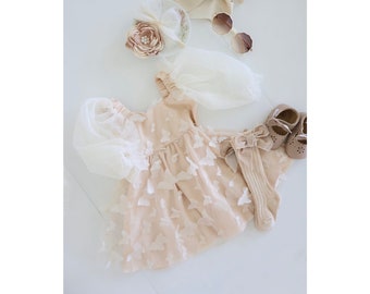 Baby Girl Easter Spring Boho Butterfly Tulle Dress Long Sleeve Neutral Lace Bow Sisters Outfit Baby Shower 6 Months-3T Summer Sundress